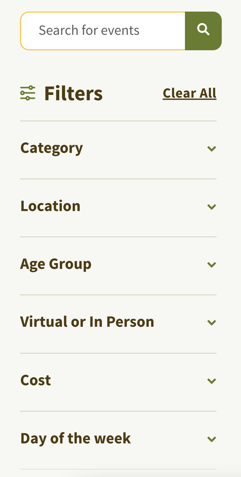 Filter Bar on the Summit Metro Parks event calendar page, filtering events by category, location, age group, virtual or in-person, cost, and day of the week.
